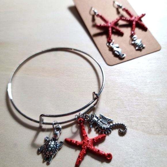 Wire hook dangle earrings -Seashore -Coral Starfish, Metal Turtle & Seahorse - Picture 2 of 3